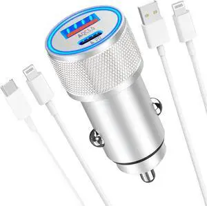 [ MFi Certified] iPhone Fast Car Charger Veetone 48W Dual Port USB C Power Delivery All Metal Car Adapter with 2 Pack Lightning Cable PD/QC 3.0 Type C Rapid Car Charging for iPhone/iPad/Airpods