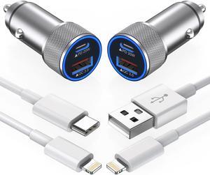 iPhone Car Charger 2PackDual Port USB C+QC3.0[ MFi Certified]Super Fast Charging Cigarette Lighter Car iPhone Charger Adapter Quick Charging Lightning Cable for iPhone 14 13 Pro Max 12 11