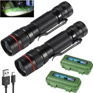 LED Flashlight Rechargeable 2 Pack High Lumens Tactical Flashlights Super Bright Small Flash Light Mini Pocket Torch 3 Modes Zoomable Flashlight for Outdoor Camping Birthday for Men Women