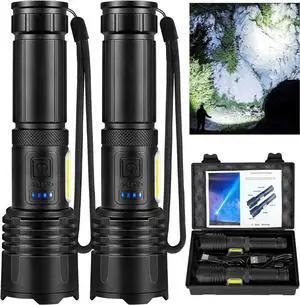 Rechargeable LED 90 000 High Lumens Flashlights 2 Pack Super Bright Flash Light with Cob 7 Modes Waterproof Powerful Flashlight for Home