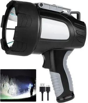 Rechargeable Spotlight Outdoor 1000 000 Lumens Led Spotlight Flashlight with Cob Light and Foldable Tripod 6 Modes Waterproof Handheld Spot Light for Outdoor Marine Boating Hunting