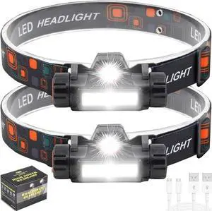 Headlamp Rechargeable 1200 Lumen Super Bright LED Head Lamp Waterproof Outdoors Headlamp Flashlight Adjustable headlamps for Adults and Kids Cycling Running Fishing Hiking2pcs