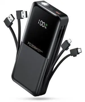 Power-Bank-Portable-Phone-Charger - 40000mAh Power Bank PD30W Fast Charger Built-in 2 Detachable Output Cables Flashlight and LED Display for iPhone and Android Phones and Most Electronic Devices