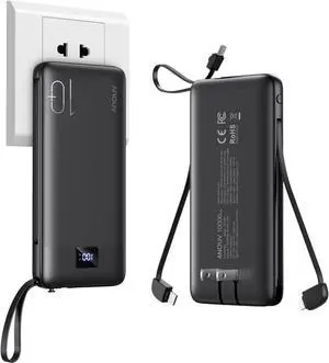 Portable Charger with Built-in Cables&AC Wall Plug 10000mAh Power Bank PD 22.5W USB-C Fast Charging External Battery Pack with LED Display Compatible with iPhones and All Smart Device1 Pack