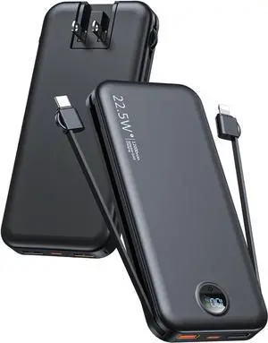 Portable Charger with Built-in Cables and AC Wall Plug 12000mAh Slim Fast Charging USB C Power Bank Travel Essential Battery Pack with LED Display Compatible with iPhone iPad  etc