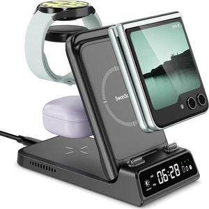 Charging Station for  Z Flip 3 in 1 Wireless Charger for  Galaxy Z Flip 5/Z Flip 4/Z Flip 3 Galaxy Watch 6/6 Classic/5/5 Pro Galaxy Buds 2 Pro/Buds 2 (Foldable with Clock)
