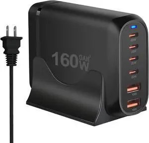 USB C Charger 160W 6-Port Fast USB Charging Station with 4 USB-C + 2 USB-A Portable Multiport USB C Wall Charger for iPhone 15-12 Series iPad Pro Mac Book Galaxy Pixel Switch and More
