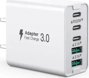 USB C Wall Charger, 50W 5 - Port Charger Block, Fast Charging 3 Type - C + 2 QC Wall Plug Multiport for iPhone 12/13/14/15, PD Fast Charger Power Adapter for Samsung S23/S22/S21/Tablet