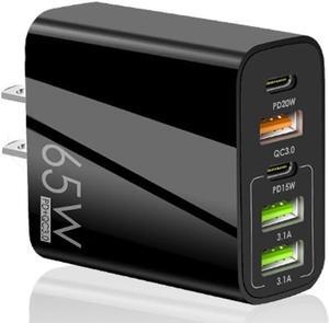 USB Charger 65 W USB Charger with 5 USB Port - 3USB + 2 PD Fast Wall Charger Type C Charger for Computer Tablet and Cell Phones