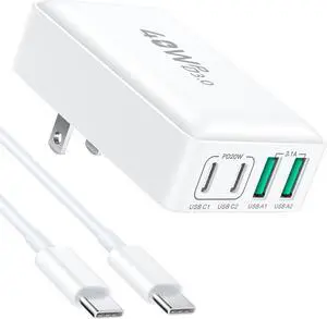 USB C Wall Charger, Excgood 40W Fast Charging Block 4Port Flat USB Plug Dual PD&QC Multiport Foldable Travel Power Adapter Compatible with iPhone 15 Pro iPad Galaxy S24 Ultra, with 6ft USB C Cable