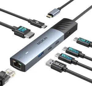 MOKiN 10Gbps USB C Hub Ethernet, 7 in 1 USB C Adapter for MacBook Pro/Air with 4K@60HZ HDMI, 3*USB-C 10Gbps Data, RJ45, USB 2.0, 100W PD, USB C Dongle for MacBook Pro/Air//HP/Thinkpad/Lenovo.