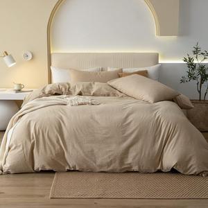 100% Washed Cotton Duvet Cover Set Comfy Simple Style Soft Breathable Textured Durable Linen Feel Bedding for All Seasons King Tan