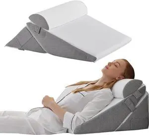 3Pcs Orthopedic Bed Wedge Pillow Set Foam Wedge Pillow Post Surgery for Back Leg and Knee Support Adjustable 9&12 Inch Folding Triangle Pillow for Sleeping Acid Reflux Snoring White/Grey