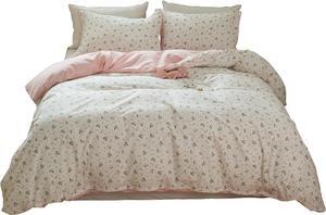 Cotton Floral Duvet Cover Queen Girl Pink Flower Bedding Sets Garden Style Cotton Floral Comforter Cover Pink White Floral Bedding Sets Flower Branches Pattern Duvet Cover with Zipper Closure