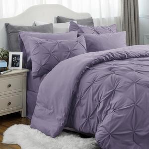 Grayish Purple Comforter Set Queen - Bed in a Bag Queen 7 Pieces Pintuck Beddding Sets Green Bed Set with Comforter Sheets Pillowcases & Shams