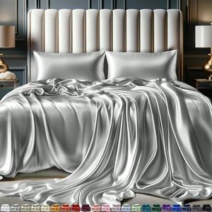 Satin Sheets Queen Size Set 4 Pcs - Silky & Luxuriously Soft Satin Bed Sheets w/ 15 inch Deep Pocket - Similar to Silk Sheets - Double Stitching - Wrinkle Free (Grey)