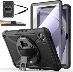 for  Galaxy Tab A9+ / A9 Plus 11 2023 (SM-X210/X216/X218) Shockproof Hard Duty Case with Screen Protector+360 Rotating Hand Strap&Stand+Shoulder Strap for Tab A9+ Tablet Black