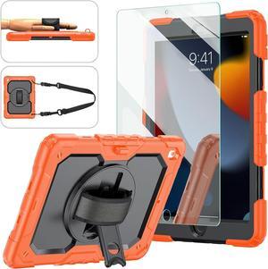 iPad 9th/8th/7th Generation Case iPad 10.2 Case 2021/2020/2019 [Kids Proof] ambison Full Body Protective Case with 9H Tempered Glass Screen Protector Rotatable Kickstand/Hand Strap (Orange & Black)