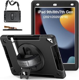 Case for iPad 9th Generation 2021: Military Grade TPU Protective Cover for iPad 8th/7th Gen 10.2 Inch 2020/2019 W/Pencil Holder - Stand - Handle - Shoulder Strap- Black