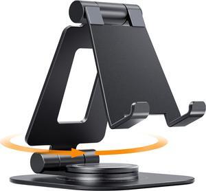 360 Rotating Cell Phone Stand Fully Adjustable Foldable Desktop Phone Holder Cradle Dock Thick Case Friendly Compatible with All Phones Nintendo Switch Black