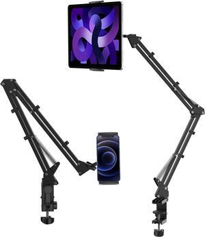 T2 Adjustable Tablet Holder for Desk Carbon Steel Tablet Phone Stand for Bed Flexible Tablet Arm Clamp Compatible with iPhone 15 Pro iPad Kindle Galaxy Tab 4.6-12.9 Inch Devices