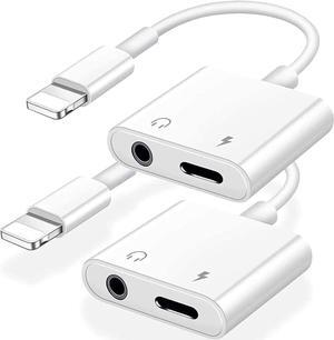2 Pack Headphone Adapter for iPhone [MFi Certified] 2 in 1 Lightning to 3.5mm AUX Audio + Charger Dongle Splitter Support for iPhone 14/13/12/11/XS/XR/X 8/iPad Support All iOS System