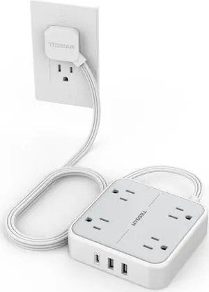 Surge Protector Flat Extension Cord 5Ft Flat Plug Power Strip with 4 Outlets 3 USB Ports (1 USB C) 900 Joules Protection Multiple Wall Outlet Extender Suitable for Home Office Dorm Grey