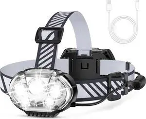 Rechargeable Headlamp 20000 High Lumen Bright 5 LED Head Lamp with Red White Light IPX4 Waterproof Headlight 8 Mode Head Flashlight for Outdoor Running Hunting Fishing Hiking Camping Gear