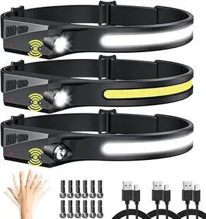 Headlamp Rechargeable 3Pack LED Headlamp Flashlight with Motion Sensor 230° COB Wide Beam Head Lamp 5Mode Head Lights for Forehead Waterproof Bright Headlamps for Adults Running Camping