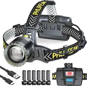 150000LM 50W Headlamp & 60H Standby Battery Time Head lamp with Motion Sensor Zoomable Function 90Angle Adjustable Head Light & Widened Headband for Hiking Hunting Camping Hardhat