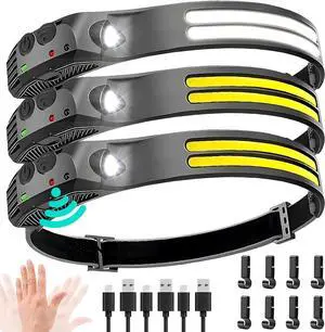 LED Headlamp Rechargeable 3PCS - 230° COB Super Bright Head Lights for Forehead Hard hat Light for Adults USB C Headband Flashlight for Work Hiking Running Camping Essentials Gear