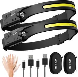 LED Headlamp Rechargeable Flashlight 2-Pack 230 Wide Beam Headlight with Motion Sensor Lightweight Weatherproof 2 Light Source Head Lamp for Camping Hiking Running Outdoor - Adults and Kids