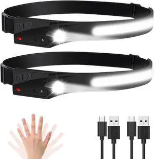 Headlamp Rechargeable 2Pack, 230° Wide Beam Head Lamp, LED Headlamp with Motion Sensor, 5Mode Head Lights for Forehead, Bright Headlamps for Adults, Waterproof Headlight, Hard Hat Light, Camping Gear