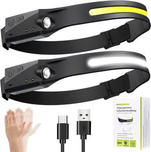 LED Headlamp 2-Pack Rechargeable COB Headlamp 230° Wide Beam with Motion Sensor 5 Brightness Modes IPX6 Waterproof 10H Runtime High Lumen Headlight for Running Camping Hiking Fishing