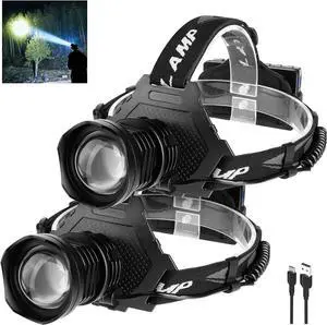 Led Rechargeable Headlamp, 100000 Lumens Head Lamps Outdoor Rechargeable, Bright Headlamps for Adults with 5 Modes & Ipx7 Waterproof 90° Adjustable Lamp Camping