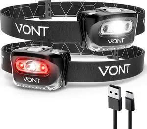 LED Headlamp [Batteries Included 2 Pack] IPX5 Waterproof with Red Light 7 Modes Head Lamp for Running Camping Hiking Fishing Jogging Headlight for Adults & Kids Red (Rechargeable)