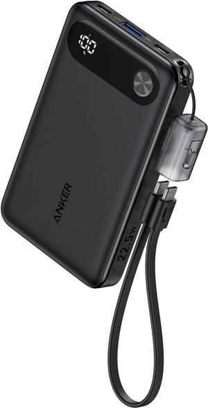 Power Bank 10 000mAh Portable Charger with Built-in USB-C Cable and Lanyard 22.5W Max Output with USB-C&A Port Battery Pack for iPhone 15/14 Galaxy S23 iPad AirPods and More