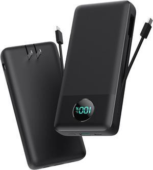 Portable Charger 33800mAh USB C Power Bank with Built-in Cables & AC Wall Plug 25W Fast Charging+QC 4.0 Phone Charger 4 Output LCD Display Battery Pack Compatible with iPhone16/15  Android etc