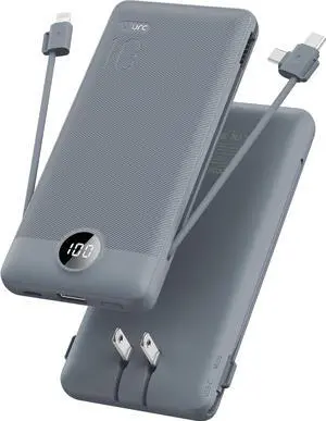 Portable Charger Built-in Cables and AC Wall Plug USB C Power Bank 10000mAh [2023 Upgraded Version] Phone Charger Compact Lightweight External Battery Pack for Smart Phones Tablets etc-Grey