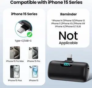 Mini Portable Charger 5000mAh Power Bank,15W PD USB C Cell Phone Portable Power,LCD Display Battery Pack Compatible With iPhone 16/15/15 Plus/15 Pro/15 Pro Max/Android/Samsung/Moto/LG(Type-C Only)