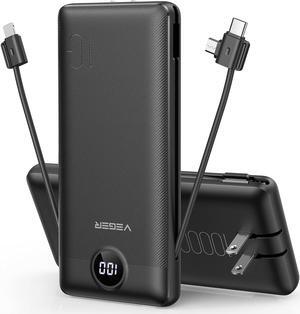 Portable Charger for iPhone Built in Cables Fast Charging USB C Slim 10000 Power Bank Wall Plug USB Battery Pack for iPhones iPad  More Phones Tablets (Black)