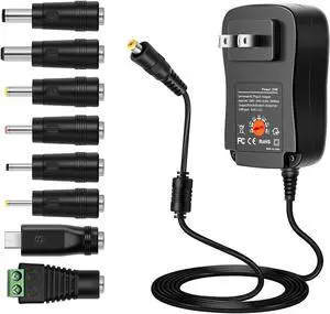 AC DC Adapter Power Supply Universal Switching Charger [3V ~ 12V 2A 2000mA 30W Max] with 8 Selectable Tips Plug Including Micro USB for 3V to 12V Household Electronics and LED Strip