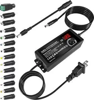 Universal AC DC Power Supply Adapter 72W 3V to 24V Output with Adjustable Voltage & Volt Display for Household Electronics 14pcs Tips & 1pc Reverse Polarity Cable Included 3000mA Max