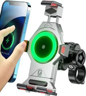 Aluminum Alloy Motorcycle Phone Mount with Qi 15W Wireless Charger Shock-Absorbing Anti-Shake Adjustable Waterproof Motorcycle Handlebar Cell Phone Holder Fit for 4.7-7.2 Phones