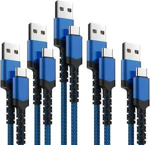 USB Type C Cable 5Pack (3/3/6/6/10FT) Nylon Braided USB C Cable Fast Charger Charging Cord Compatible  Galaxy S9 S8 Note 9 Note 8 Plus LG V30 G6 G5 V20 Google Pixel Moto Z2 (Navy&Blue)