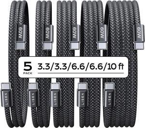 USB C Cable 5-Pack [3.3/3.3/6.6/6.6/10FT] USBC to USBC Cable for iPhone 15 Pro Max Plus 60W (3.1A) C to C Cable Fast Charging for  S24/23 iPad 10th/Pro/Air 11-13inch MacBook Air/Pro