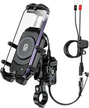 Motorcycle Phone Mount with Qi 15W Wireless Charger & 30W PD/USB-C Fast Charging Port, Anti-Theft Motorcycle Handlebar Cell Phone Holder with Vibration Dampener for 5.4''-7.2'' Smartphones