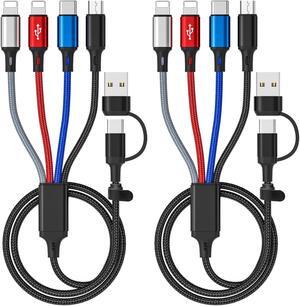 4 in 2 Multi Fast Charging Cable 2Pack 1.8M/6FT 6 in 1 Quick Charge Cord USB A/USB C to Type C+Micro USB+2 Lighting Universal Nylon Braided Charger Cable for iPhone and Multiple Devices