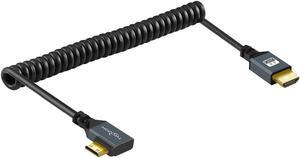 Left Angled Coiled Mini HDMI to HDMI Cable 90 Degree Mini HDMI to HDMI Coiled Cable Support 3D/4K 1080P Stretched Length to 1.5M / 5FT