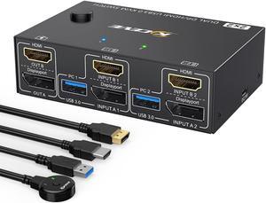 Dual Monitor KVM Switch 4K@60Hz USB3.0 HDMI+Displayport KVM Switch for 2 Computer Share 2 Monitor and 4 USB3.0 Port Keyboard Mouse Wired Remote KVM Cables Included